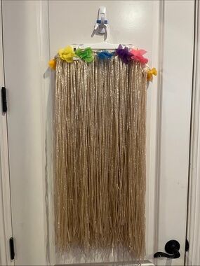 Tropical Tiki Grass Hula Skirt with Flower Trim and Necklaces